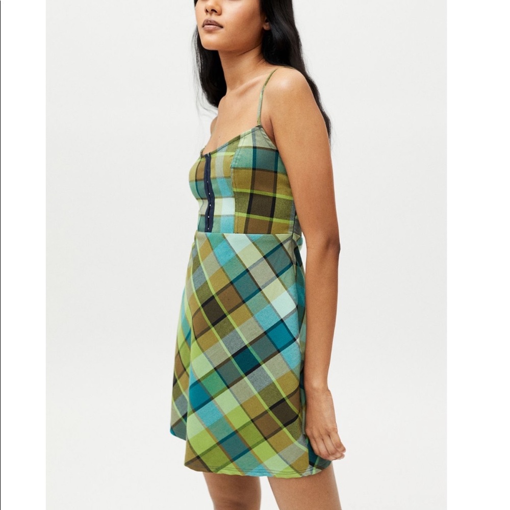 NWT UO 90s Y2K Lime Green Plaid Hook Front Dress - Picture 3 of 4